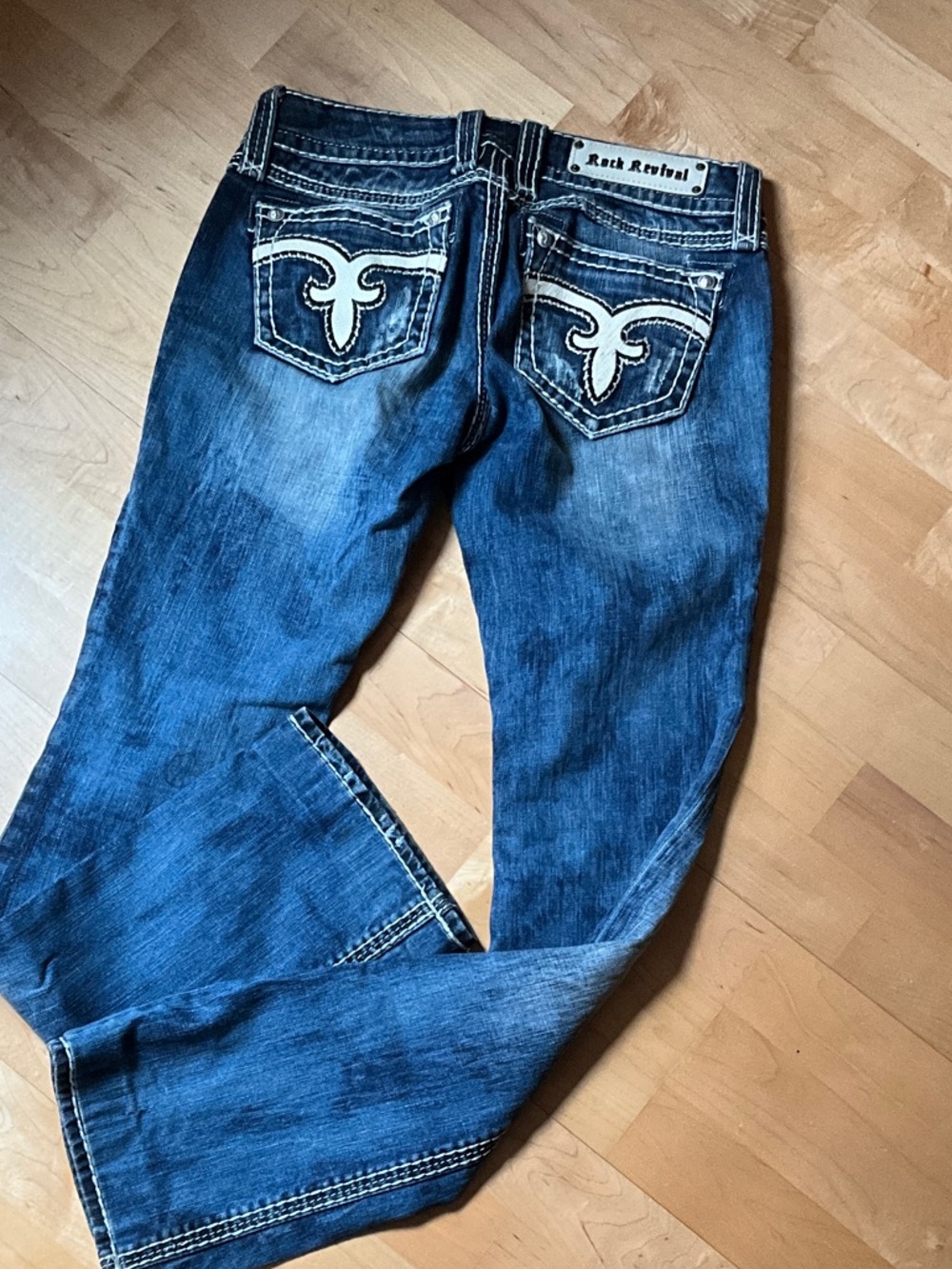 Rock Revival Men's Dark Blue Bootcut Jeans with White Embroidery